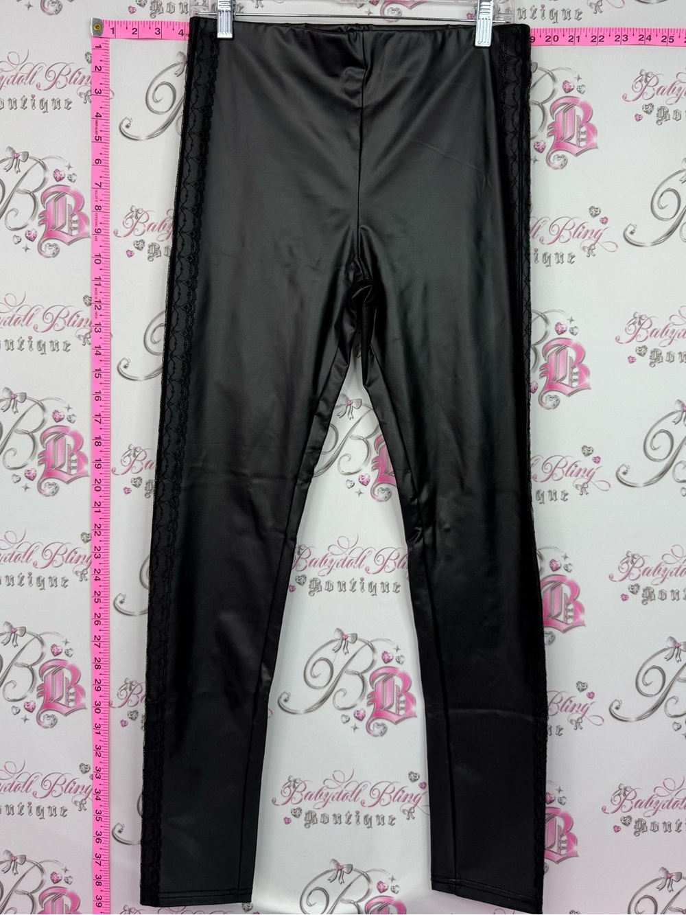 Suzy Shier pants leggings lace Black Faux Leather Leggings with Lace Sides